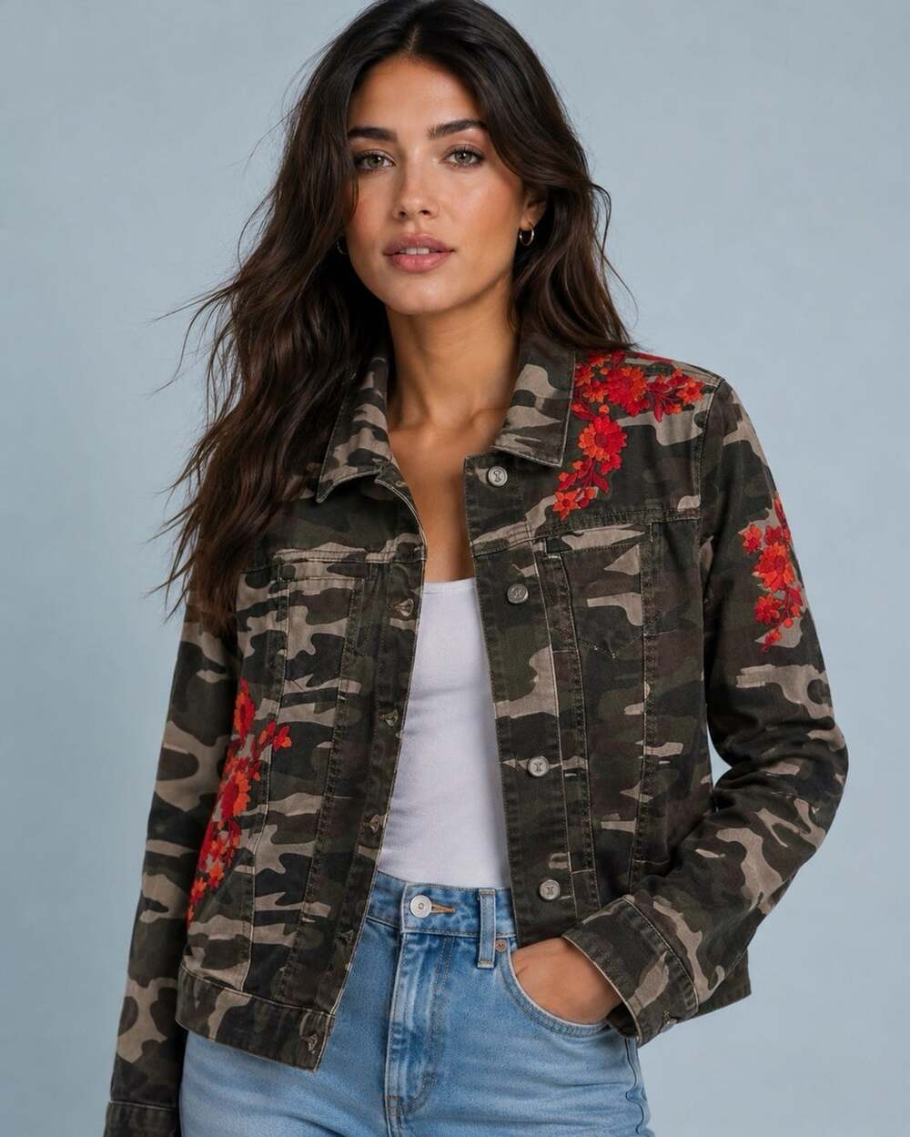 Pilcro Embroidered Denim Camo Jacket XS Floral Fall Anthropologie Boho Trucker